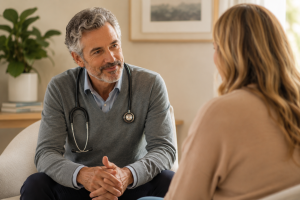 Consultation male doctor talking to female patient during her initial intake visit at our sarasota, fl office