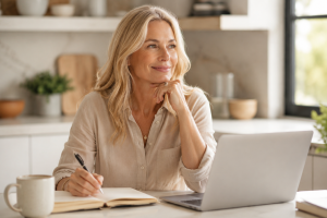 ba110f5f-f932-40af-b08f-99effc51a3fe women looking happy working on her laptop after she found our concierge medicine practice online